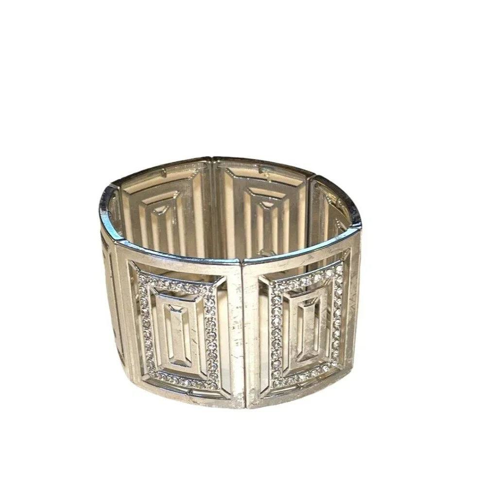 Silver Cube Block Clear Rhinestone MCM Retro Prom Bridal Stretch Bracelet